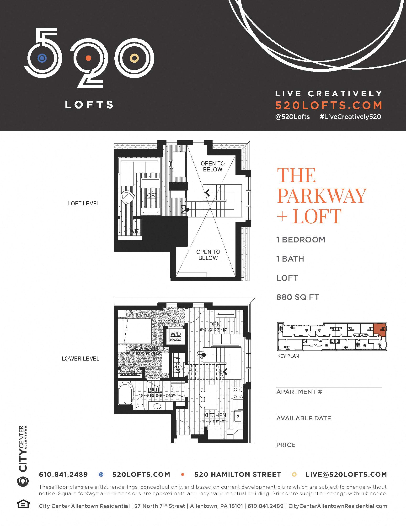 Floor plan for 1 bed, 1 bath, 880 sqft